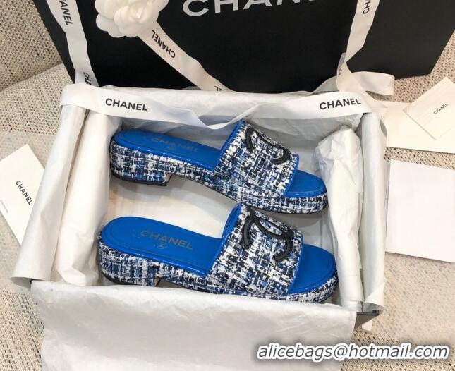  Grade Quality Chanel Embroidered CC Tweed Slide Sandals G34826 Royal Blue 2021