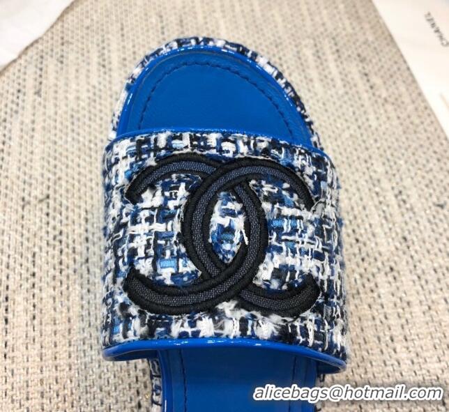  Grade Quality Chanel Embroidered CC Tweed Slide Sandals G34826 Royal Blue 2021