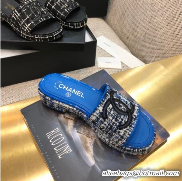  Grade Quality Chanel Embroidered CC Tweed Slide Sandals G34826 Royal Blue 2021