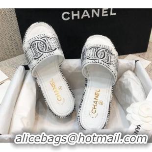 Classic Chanel Embroidered CC Tweed Slide Sandals G34826 White 2021