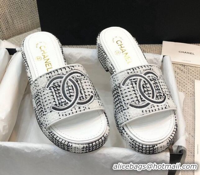 Classic Chanel Embroidered CC Tweed Slide Sandals G34826 White 2021