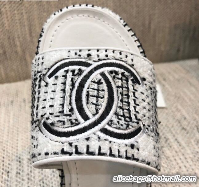 Classic Chanel Embroidered CC Tweed Slide Sandals G34826 White 2021