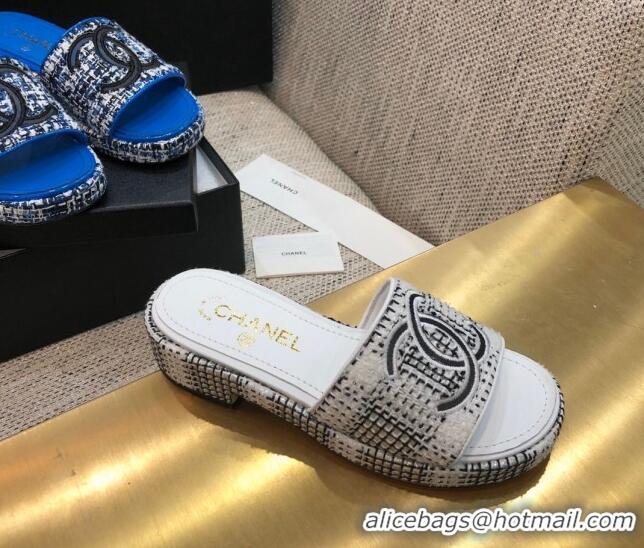 Classic Chanel Embroidered CC Tweed Slide Sandals G34826 White 2021