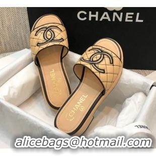 Cheap Chanel Embroidered CC Leather Slide Sandals G34826 Beige 2021