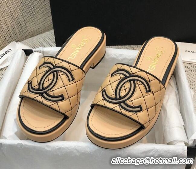 Cheap Chanel Embroidered CC Leather Slide Sandals G34826 Beige 2021