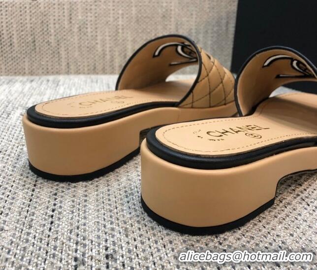 Cheap Chanel Embroidered CC Leather Slide Sandals G34826 Beige 2021