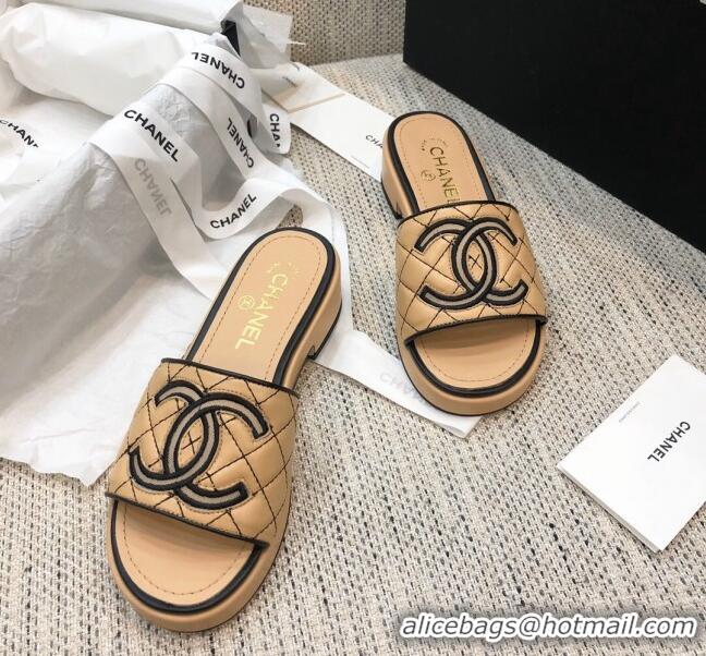 Cheap Chanel Embroidered CC Leather Slide Sandals G34826 Beige 2021