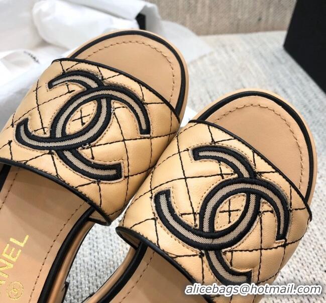 Cheap Chanel Embroidered CC Leather Slide Sandals G34826 Beige 2021