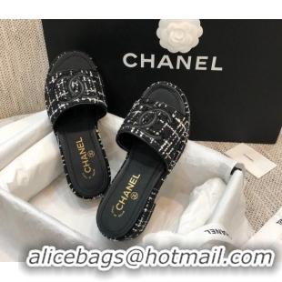 Best Grade Chanel Embroidered CC Tweed Slide Sandals G34826 Black 2021