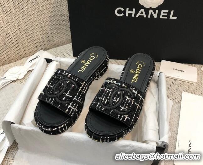 Best Grade Chanel Embroidered CC Tweed Slide Sandals G34826 Black 2021