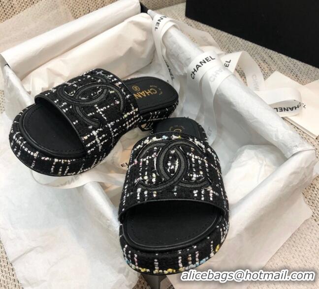 Best Grade Chanel Embroidered CC Tweed Slide Sandals G34826 Black 2021