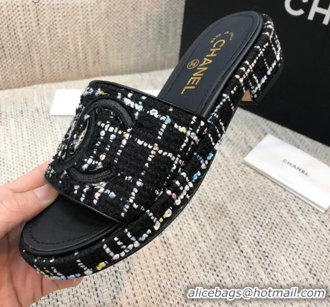 Best Grade Chanel Embroidered CC Tweed Slide Sandals G34826 Black 2021