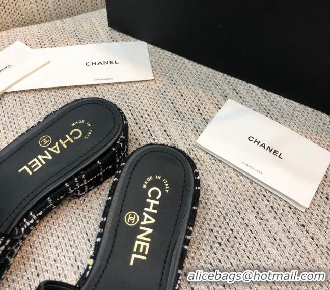 Best Grade Chanel Embroidered CC Tweed Slide Sandals G34826 Black 2021