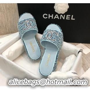 Good Quality Chanel Embroidered CC Tweed Slide Sandals G34826 Light Blue 2021