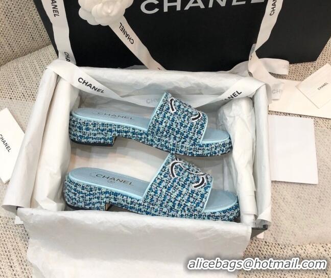 Good Quality Chanel Embroidered CC Tweed Slide Sandals G34826 Light Blue 2021