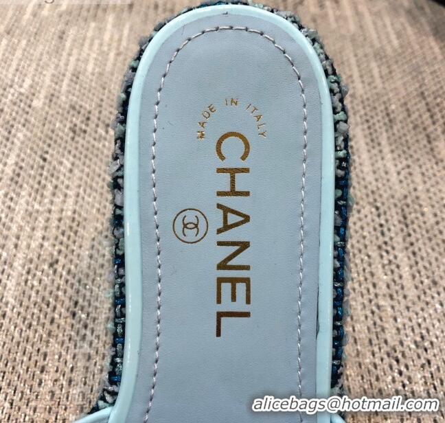 Good Quality Chanel Embroidered CC Tweed Slide Sandals G34826 Light Blue 2021