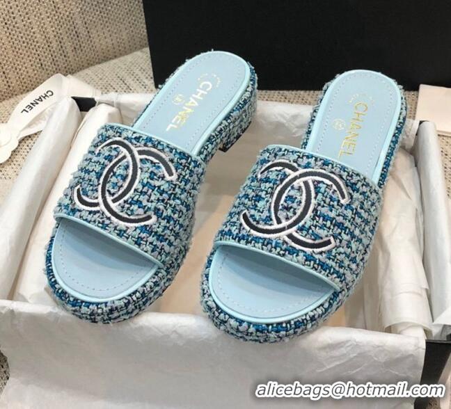 Good Quality Chanel Embroidered CC Tweed Slide Sandals G34826 Light Blue 2021