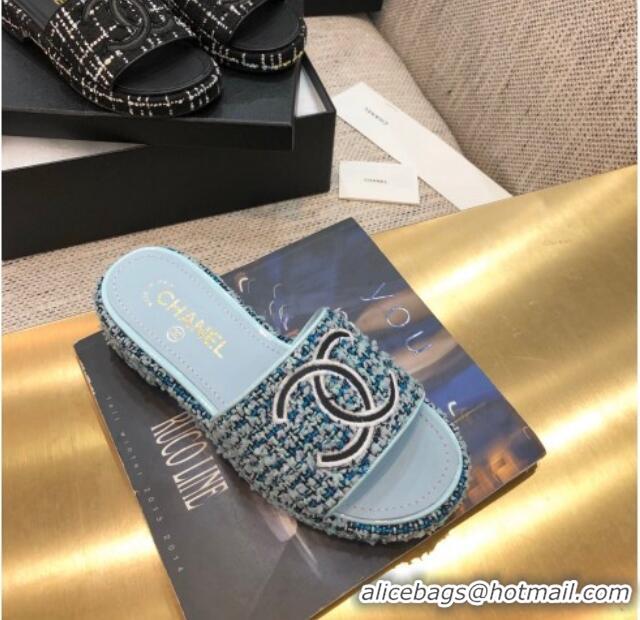 Good Quality Chanel Embroidered CC Tweed Slide Sandals G34826 Light Blue 2021