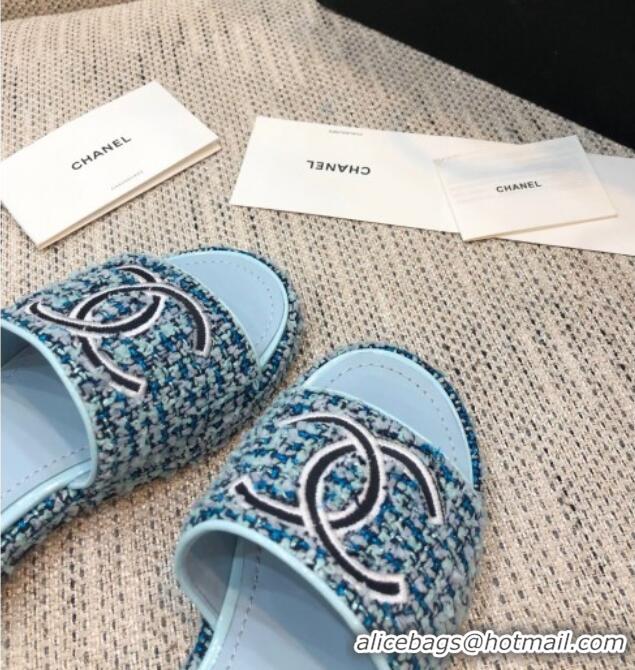 Good Quality Chanel Embroidered CC Tweed Slide Sandals G34826 Light Blue 2021