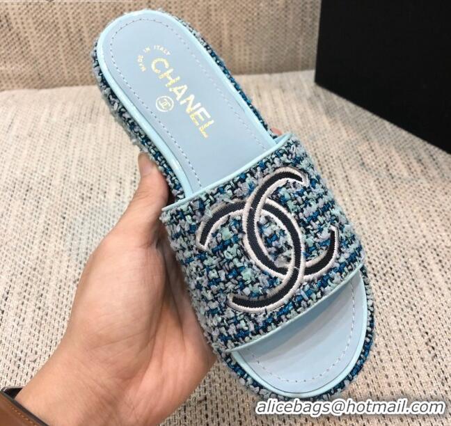 Good Quality Chanel Embroidered CC Tweed Slide Sandals G34826 Light Blue 2021