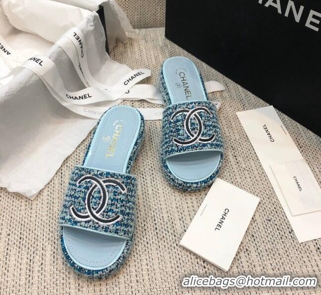 Good Quality Chanel Embroidered CC Tweed Slide Sandals G34826 Light Blue 2021