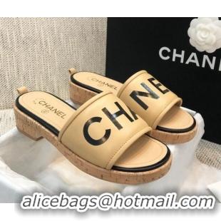 Good Quality Chanel Leather Slide Sandals G34826 Beige/Black 2021