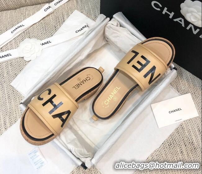 Good Quality Chanel Leather Slide Sandals G34826 Beige/Black 2021