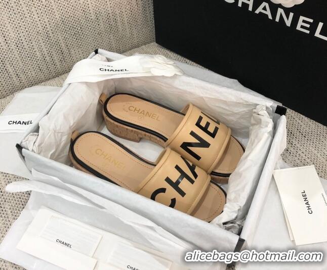 Good Quality Chanel Leather Slide Sandals G34826 Beige/Black 2021