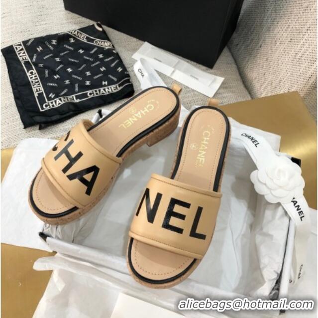 Good Quality Chanel Leather Slide Sandals G34826 Beige/Black 2021