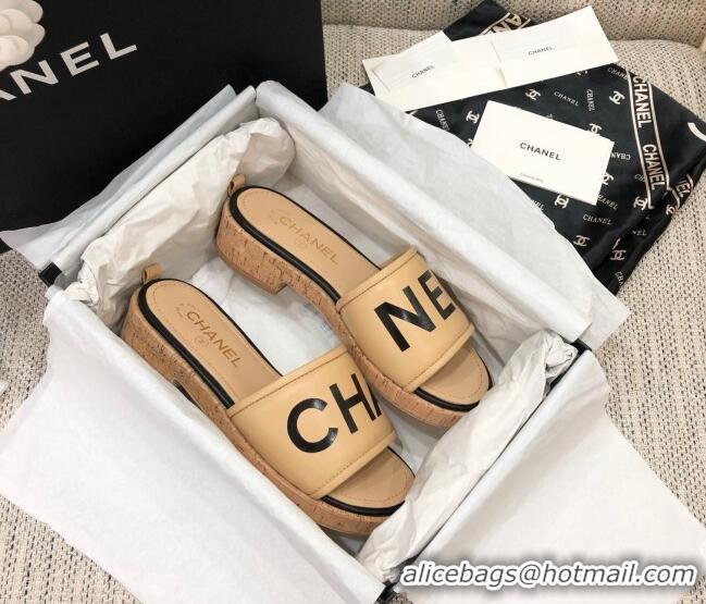 Good Quality Chanel Leather Slide Sandals G34826 Beige/Black 2021