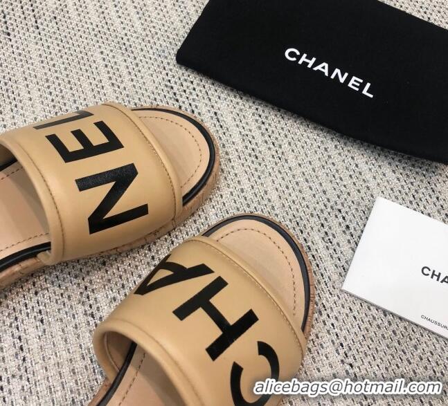 Good Quality Chanel Leather Slide Sandals G34826 Beige/Black 2021