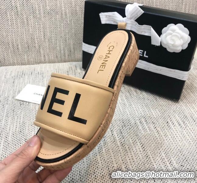 Good Quality Chanel Leather Slide Sandals G34826 Beige/Black 2021