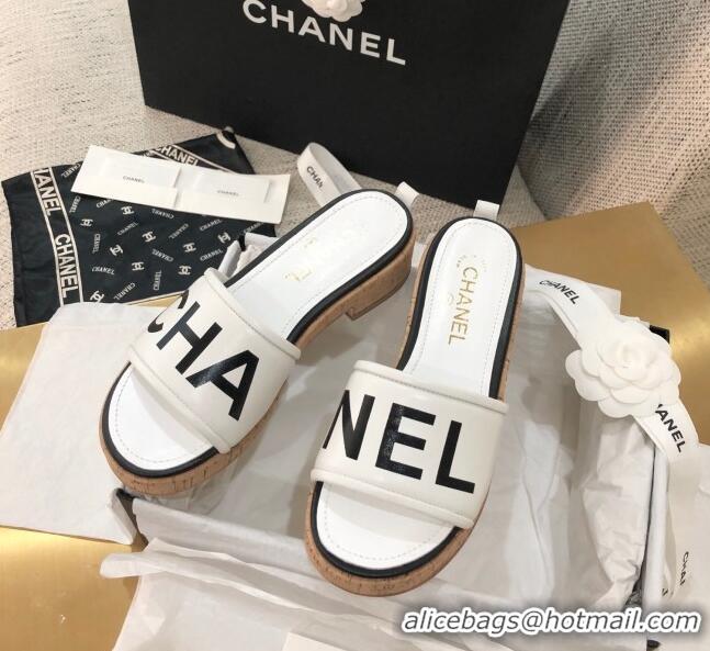 Top Grade Chanel Leather Slide Sandals G34826 White/Black 2021