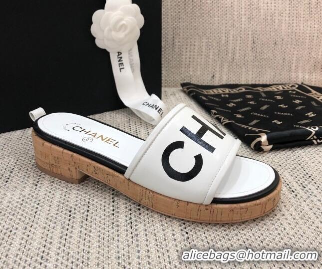 Top Grade Chanel Leather Slide Sandals G34826 White/Black 2021