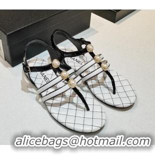 Pretty Style Chanel Lambskin Pearl Charm Flat Thong Sandals 030887 White 2021