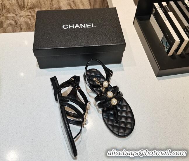 Luxurious Chanel Lambskin Pearl Charm Flat Thong Sandals 030887 Black 2021