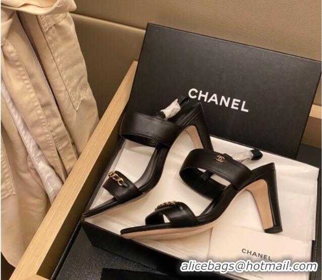 Unique Style Chanel Chain Leather Sandals 8cm 031001 Black 2021