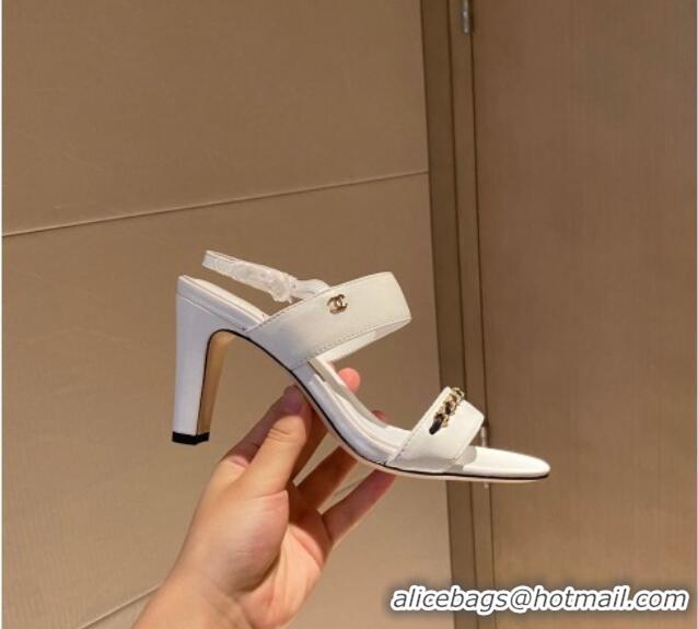 Most Popular Chanel Chain Leather Sandals 8cm 031001 White 2021