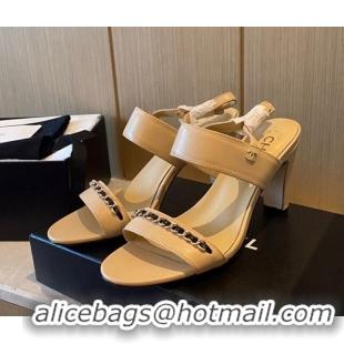 Top Design Chanel Chain Leather Sandals 8cm 031001 Beige 2021