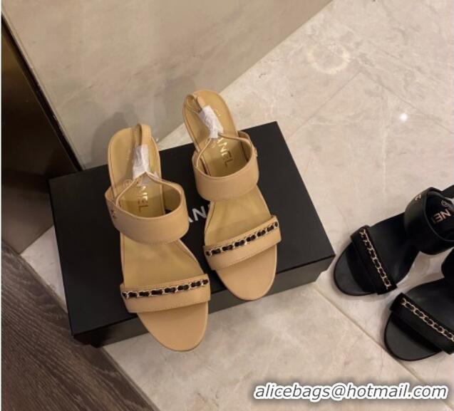 Top Design Chanel Chain Leather Sandals 8cm 031001 Beige 2021