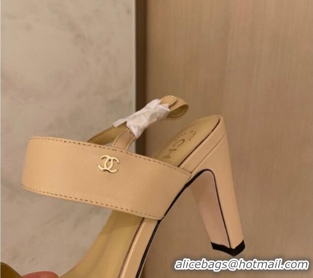 Top Design Chanel Chain Leather Sandals 8cm 031001 Beige 2021