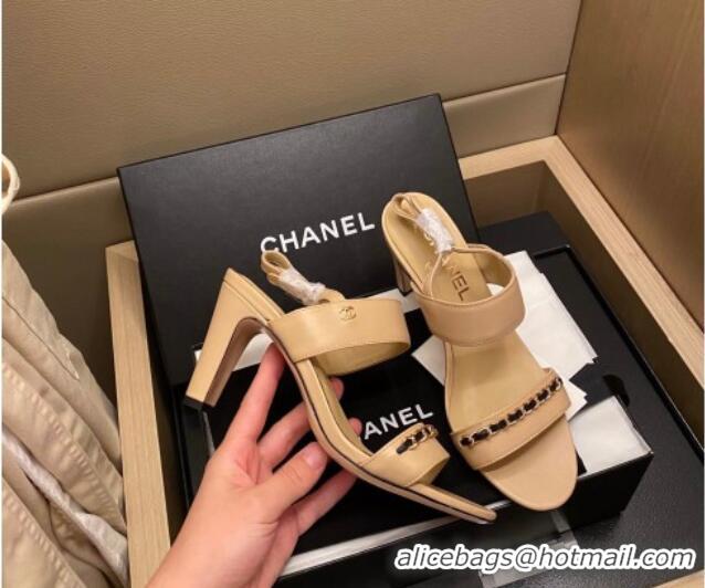 Top Design Chanel Chain Leather Sandals 8cm 031001 Beige 2021