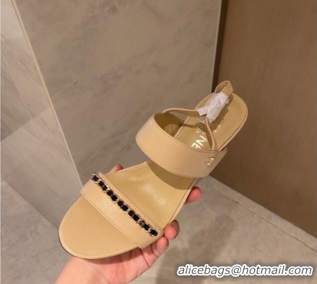 Top Design Chanel Chain Leather Sandals 8cm 031001 Beige 2021