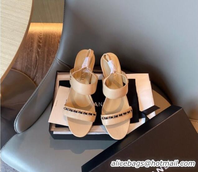 Top Design Chanel Chain Leather Sandals 8cm 031001 Beige 2021