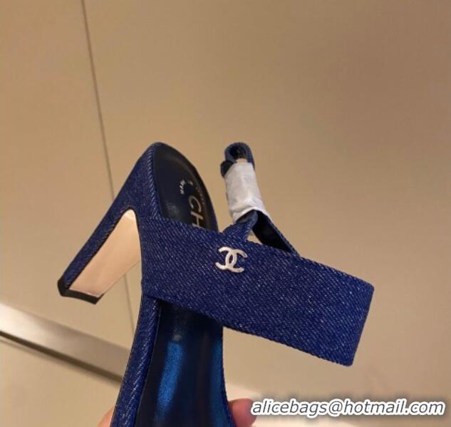 Luxury Chanel Chain Denim Sandals 8cm 031001 Blue 2021