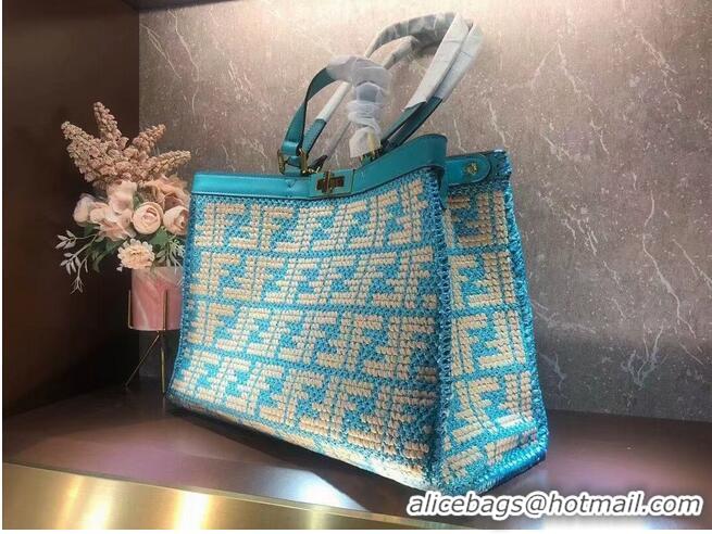 Good Product FENDI PEEKABOO X-TOTE FF raffia bag 8BH374A light blue