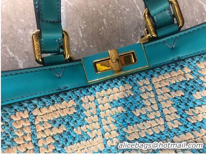 Good Product FENDI PEEKABOO X-TOTE FF raffia bag 8BH374A light blue