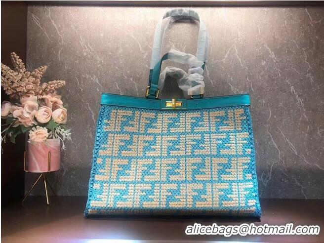 Good Product FENDI PEEKABOO X-TOTE FF raffia bag 8BH374A light blue