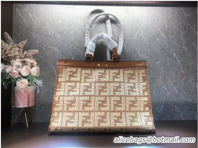 Top Design FENDI PEEKABOO X-TOTE FF raffia bag 8BH374A light brown