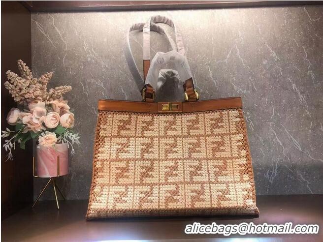 Top Design FENDI PEEKABOO X-TOTE FF raffia bag 8BH374A light brown